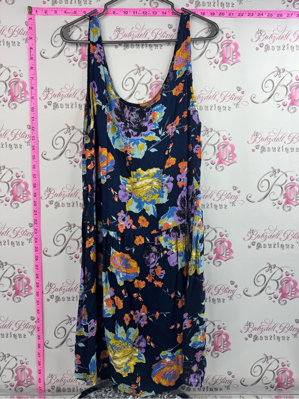 Motel Rocks dress Navy Floral Midi Dress with Yellow, Purple & Orange Blooms